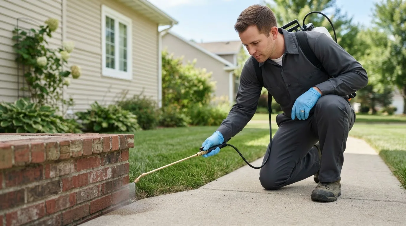 Pest control technician treating a home near Goodview, VA