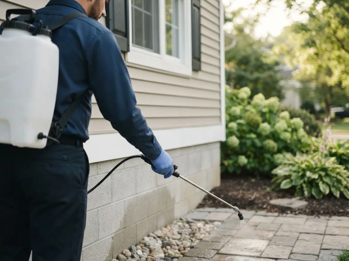 Pest control technician inspecting a home in Goodview, VA